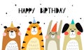 Happy birthday. cartoon animals, hand drawing lettering, decorative elements. Colorful holiday vector illustration, flat style. De